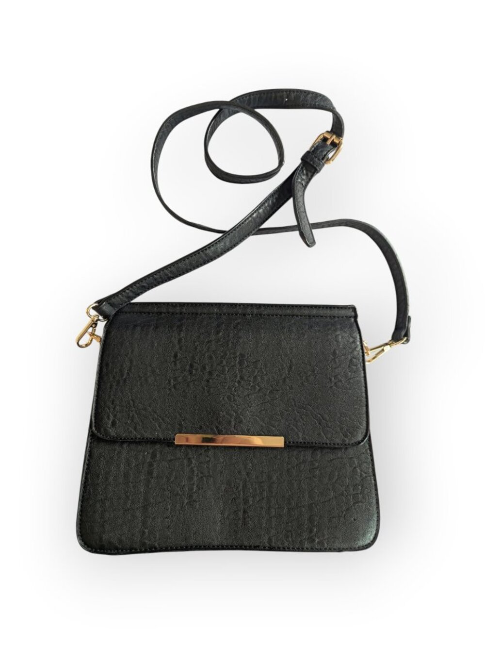 Black Faux Leather Crossbody Bag Purse Gold Hardware
